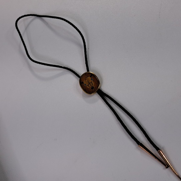 Vintage Buffalo Head Inlay Exotic Wood Brass Bolo With Turquoise Eyes - Picture 3 of 12